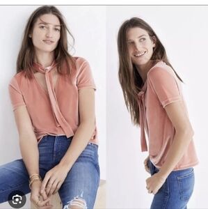 Madewell Velvet Short Sleeve Tie Neck Top S Peach Short Sleeve V Neck Stretch